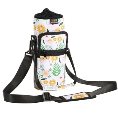 Afbeelding van Nuovoware Water Bottle Carrier Bag, Pouch Holder, Adjustable Shoulder Hand Strap 2 Pocket Sling Neoprene Sleeve Sports Accessories for Hiking Travelling Camping, Yellow Daisy