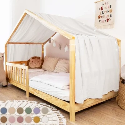 Afbeelding van lilimaus Ciel de lit [Blanc] en mousseline 100 % coton fait à la main décoratif pour maison fille et garçon enfant Rideau
