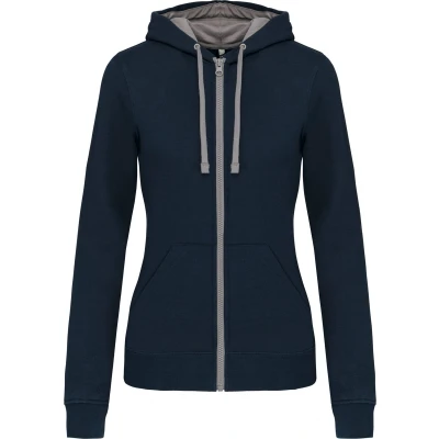 Afbeelding van Kariban Damessweater met rits en capuchon in contrasterende kleur K467 Navy / Fine Grey