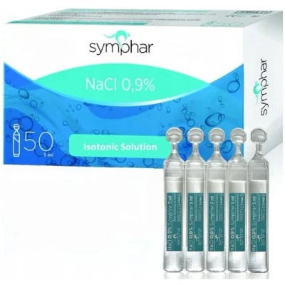 Afbeelding van Symphar 50 NaCl 09% steriel isotone natriumchloride inhalatie zoutoplossing voor bevochtiging van de luchtwegen, ogen, neus, x 5 ml fles per stuk