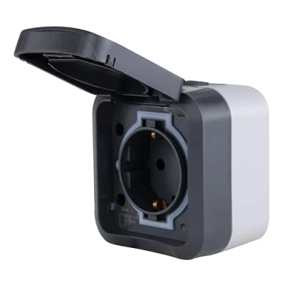 Afbeelding van REV 0004030400 Wandontactdoos met klapdeksel Compleet AquaStorm Lichtgrijs, Zwart