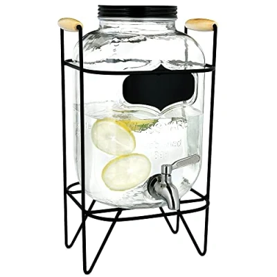 Afbeelding van Navaris glazen limonadetap met kraantje Drankdispenser metalen standaard Sapdispenser Voor koude dranken 5L Ø17 x 27 cm feestjes