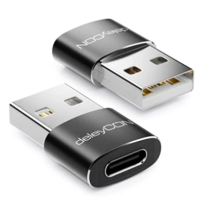 Afbeelding van deleyCON Adapter USB C naar [2 stuks] stekker A aansluiting voor laptop, notebook, aluminium, zwart