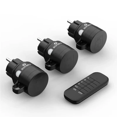 Afbeelding van sonero prises radiocommandées avec télécommande, set d&#039;extérieur, 2300 W, 230 V, 3 télécommande IP44, portée 30 m, économie d&#039;énergie, noir