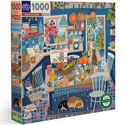 Afbeelding van eeBoo Piece&amp;Love Kitchen 1000 stuks keuken blauw volwassenen gerecycled karton kleurrijke puzzel stukjes, PZTBUK