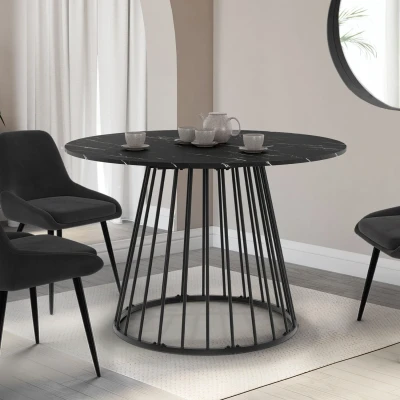 Image de Table à manger ronde YUNA 6 personnes plateau effet marbre noir ALASKA et pied filaire en métal 110 cm IDMarket