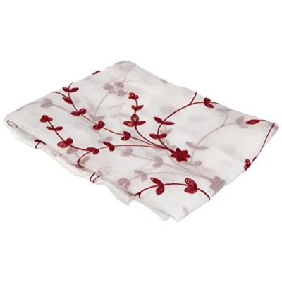 Afbeelding van douceur d&#039;intérieur, 1 paar gordijnen met lussen (2 x 60 120 cm) kleine bloem wit/rood, geborduurde zandkleurige voilage