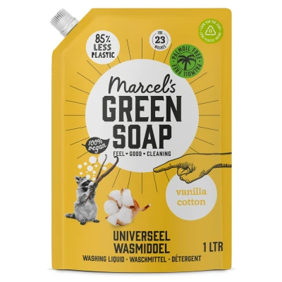 Afbeelding van 2+2 gratis2+2 gratis: Marcel&#039;s Green Soap Wasmiddel Navul Vanille &amp; Katoen 23 Wasbeurten 1 liter