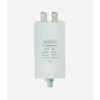 Afbeelding van EDI TRONIC motorcondensator, werkcondensator, startcondensator, stop, met 6,3 mm kabelschoenen, 14µF, 450V, M8