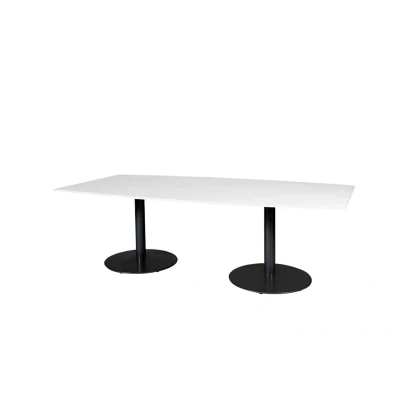 Afbeelding van Linesto 240x120cm tonvormige vergadertafel op vaste hoogte (74cm) met krijtwit 25mm blad en zwarte (RAL9005) trompetvoeten