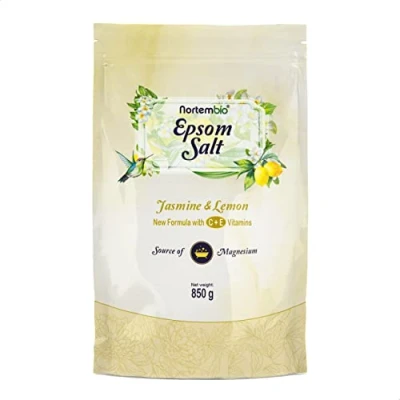Afbeelding van Nortembio Epsomzout 850 g. Badzout met jasmijn en citroenaroma. Magnesiumsulfaat gehydrateerd vitamine C E. spierontspanning, aromatherapie goede nachtrust. E book inbegrepen.