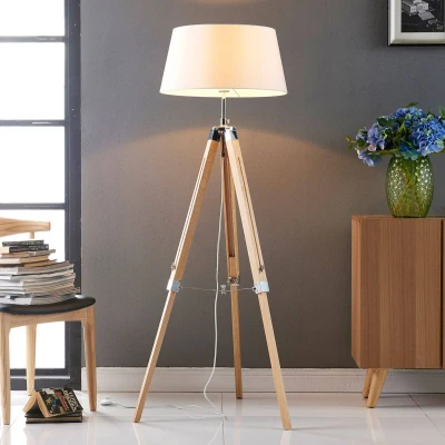 Afbeelding van Lindby vloerlamp Katie, 162 cm, wit, textiel, hout, driepoot