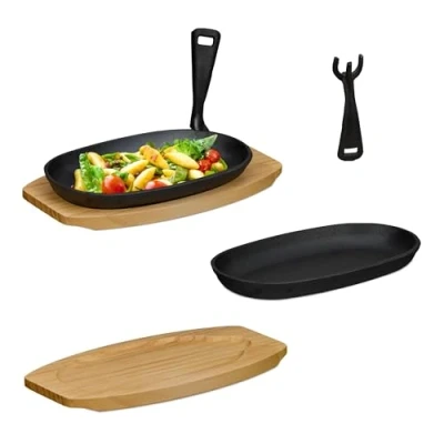 Afbeelding van Relaxdays serveerpan set van 2 gietijzer met houten onderzetter bbq