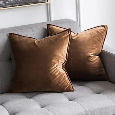 Afbeelding van MIULEE Fluwelen kussenhoes, decoratief, superzacht, sierrand, voor zetel, klikklak, woning, woonkamer, slaapkamer, als kussensloop of decoratie, 2 stuks, 45 x cm, bruin