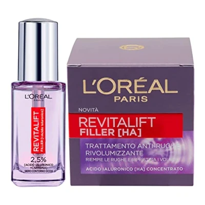 Afbeelding van L&#039;Oréal Paris Revitalift Filler anti rimpelbehandeling met hyaluronzuur + Serum voor de ogen, verkoelend effect cafeïne, 20 ml, 2 producten