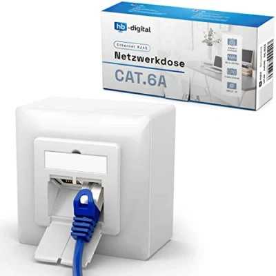Afbeelding van HB DIGITAL 1 x CAT 6a netwerkstekker voor CAT.8, CAT.7, CAT.6A, CAT.6, CAT.5 met 2 opbouwpoorten RJ45 poorten universele datastekker EIA/TIA 568AB 8P8C Gigabit Ethernet RAL9003 wit