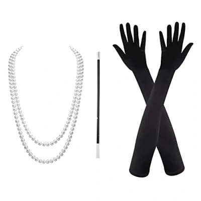 Afbeelding van VIKSAUN Set van 3 Accessoires 1920 Parelketting Zwarte standaard Lange handschoenen Charleston kostuum voor dames Great Gatsby Vintage