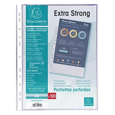 Afbeelding van Exacompta Ref. 59110E zak met 100 geperforeerde hoesjes, premium polypropyleen, generfd, 8/100 e, universele perforatie, 11 gaten, A4 formaat, kleurloos
