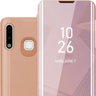 Afbeelding van Cadorabo Hoesje geschikt voor Samsung Galaxy A70e in KUNZIET ROZE Clear View Spiegel Beschermende Case met Tribunefunctie 360 Graden Bescherming Book Cover Etui