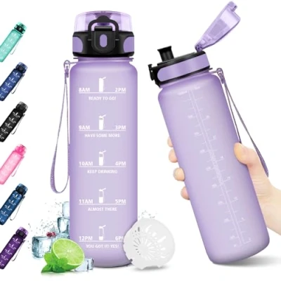 Afbeelding van KollyKolla Waterfles, motiverende drinkfles met filter, lekvrij, BPA vrij, voor volwassenen, kinderen, sport, school, fietsen, gym, 1 liter