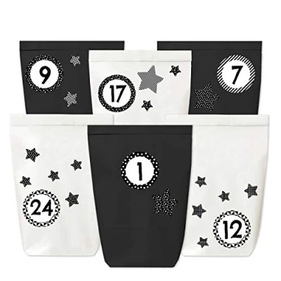 Afbeelding van Adventskalender om te vullen, 24 papieren zakjes in zwart en wit stickers met cijfers (zwart ster), zelf maken mini set 113, Kerstmis 2021