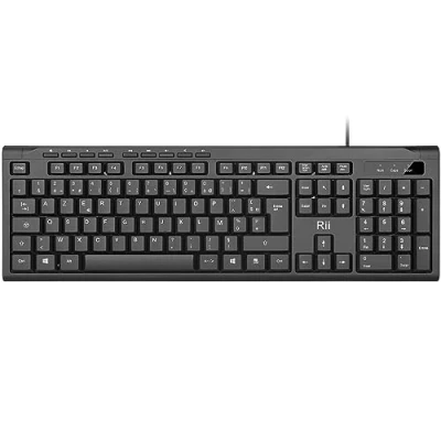 Afbeelding van Rii Frans AZERTY toetsenbord, 1,4 m USB kabel, spatwaterdicht, stil, platte toetsen, toetsenbord PC/laptop/computer, Windows/Linux/Mac OS zwart