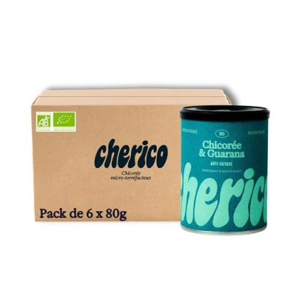 Afbeelding van biologische oplosbare cichorei met guarana, verpakking van 6 x 80 g, rijk aan vezels en energiek, plantaardige oorsprong, karamel hazelnoten