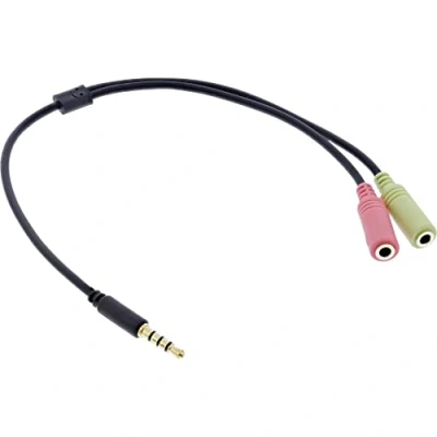 Afbeelding van 3,5mm 4 polig &gt; 2x headset adapter (CTIA/AHJ) / verguld zwart 0,15 meter