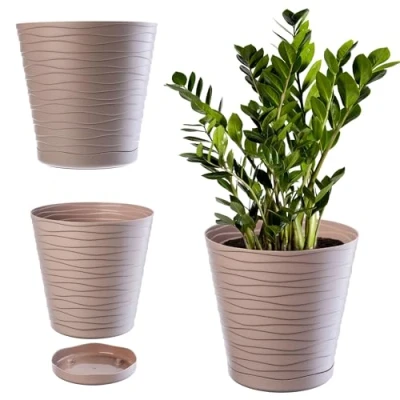 Afbeelding van KADAX Bloempot met onderzetter, plantenbak voor binnen, lichte bloempot, van kunststof, ronde sierpot bloemen, planten, huis, (25 cm, beige)