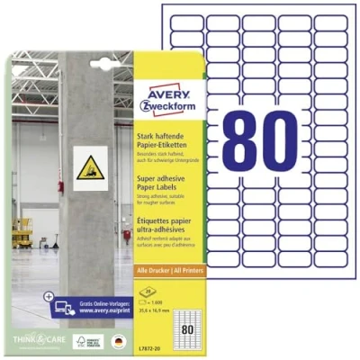 Afbeelding van Avery Zweckform L7872 20 ( 35.6 x 16.9 mm, Wit, 1600 stuk(s), Permanent hechtend, Sterk hechtend