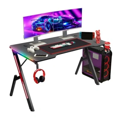 Afbeelding van Todeco Led gamingbureau, 140 x 60 cm, groot gamingbureau met een blad van koolstofvezel, ergonomisch bureau muismat, bekerhouder en hoofdtelefoonhaak