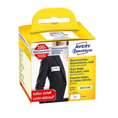 Afbeelding van Avery Zweckform Rol met etiketten Compatibel vervangt DYMO 11356, S0722560 41 x 89 mm Folie Wit 200 stuk(s) Weer verwijderbaar Naametiketten AS0722560