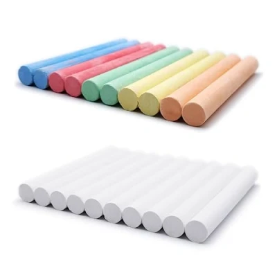 Afbeelding van Set van 20 witte en kleurrijke krijtjes voor schoolbord, 5 kleuren + wit met hoog contrast, school, kantoor, studie, handwerk, tekenen