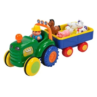 Afbeelding van Big Steps Play Old MacDonald Tractor en aanhanger, met lichten, geluiden hoorn, inclusief boer, schaap, koe, kip, varken paard.