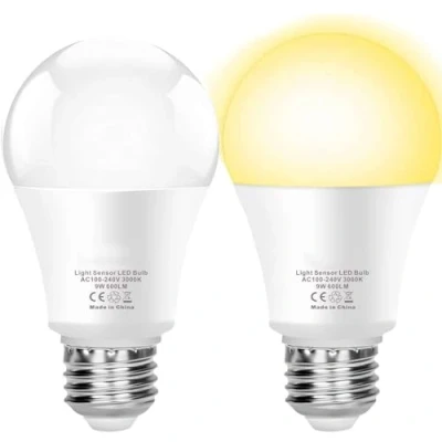 Afbeelding van Boxlood Lampen met schemeringssensor, led schemersensorlamp, 9 W, 600 lumen, E27, lichtsensorlampen voor veranda, tuin, terras, warmwit, 3000 K, 2 stuks