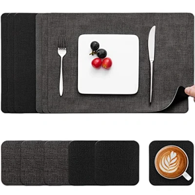 Afbeelding van Myir JUN Placemats van leer en onderzetters, set 6, placemats, antislip, dubbelzijdig, wasbaar, hittebestendig, grijs zwart, 6
