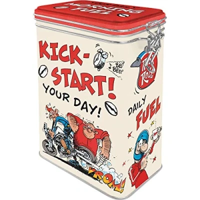 Afbeelding van Nostalgic Art Motomania Retro koffieblik 1,3 liter Kick Start Your Day! cadeau idee voor motorrijders metalen doos met aromadeksel in vintage design