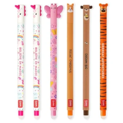 Afbeelding van LEGAMI Lot de 6 stylos gel effaçables avec encre thermosensible, gamme couleurs d&#039;encre et motifs baril, pointe 0,7 mm, licorne, papillon, corgi, ours en peluche, tigre