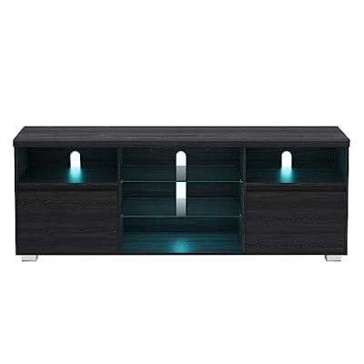 Afbeelding van VASAGLE tv kast met ledverlichting, voor tot 70 inch, open planken, 2 kasten deuren, 160 cm, woonkamer, zwart, LTV331T21