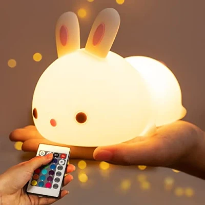 Afbeelding van nachtlampje voor kinderkamer, 16 kleuren, dimbaar, afstandsbediening, Kawaii decoratie, USB oplaadbaar, konijnenmotief,