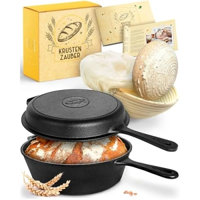 Afbeelding van KRUSTENZAUBER 26 cm gietijzeren pot brood bakken inclusief rijsmand Robuuste broodbakvorm rond met deksel voor in de oven Ideale broodvorm, broodbakpan, bakvorm bakken, broodbakaccessoires, broodvorm