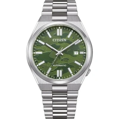 Image de Citizen Montre pour Homme Analogique Automatique avec Un Bracelet en Acier Inoxydable Tsuyosa, Vert/Camouflage,