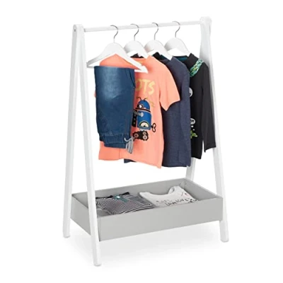 Afbeelding van Relaxdays Kledingkast voor kinderen, kapstok, slaapkamerrek, kledingrek, HLP 99 x 63,5 42 cm, wit/grijs