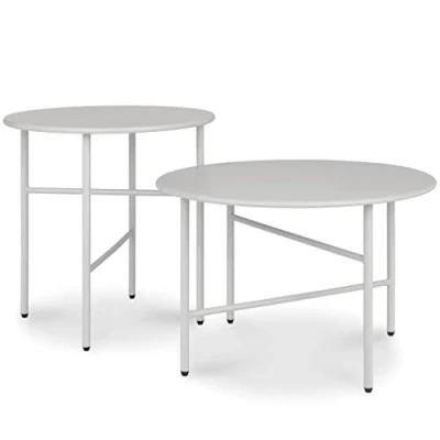 Afbeelding van bomoe Finn Set van 2 Ronde Bijzettafels Metaal Lichtgrijs Krasbestendig Tafelblad Ø 44cm &amp; Ø53cm Stabiel, Lichtgewicht Salontafel voor Binnen Buiten