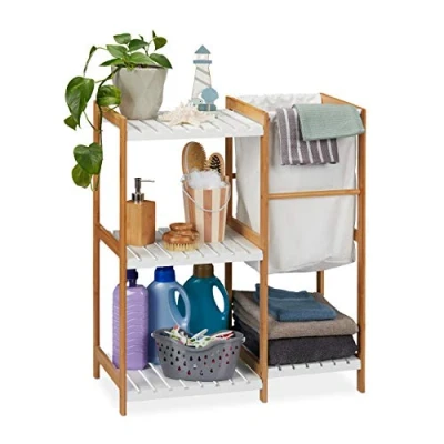 Afbeelding van Relaxdays badkamerrek met wasmand badkamerkast bamboe waszak bamboerek wit