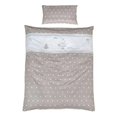 Image de roba Parure de Lit Bébé Indibär 2 Pièces 100% Coton Housse Couette 100 x 135 cm + Taie d&#039;Oreiller 40 60 Imprimée Ours et Nuages
