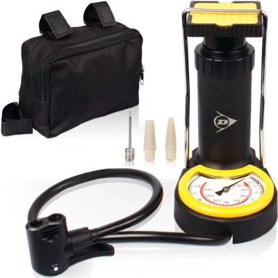 Afbeelding van Dunlop Mini Voetpomp Luchtpomp Bandenpomp Inclusief 3 Adapters Analoge Drukmeter met Opbergtas