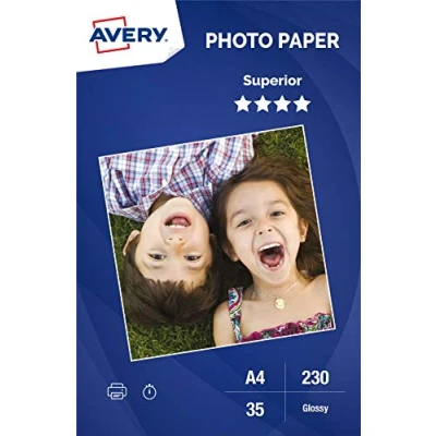 Image de Pack de 35 feuilles papier photo brillants A4 Avery Dennison Blanc pour imprimantes jet d&#039;encre
