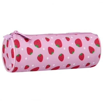 Afbeelding van Potloodetui voor roze schoolmeisjes, ROND, kokervorm, etui, in aardbei 22x8x8cm