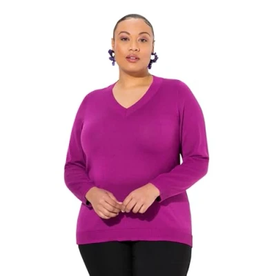 Image de Ulla Popken Pull pour femme, grandes tailles, grande taille, col en V, manches longues, tricot fin doux, baie, 44 46